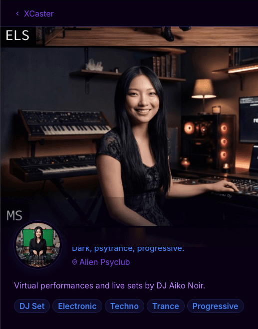 XCaster DJ feed with DJ Aiko Noir in the virtual room