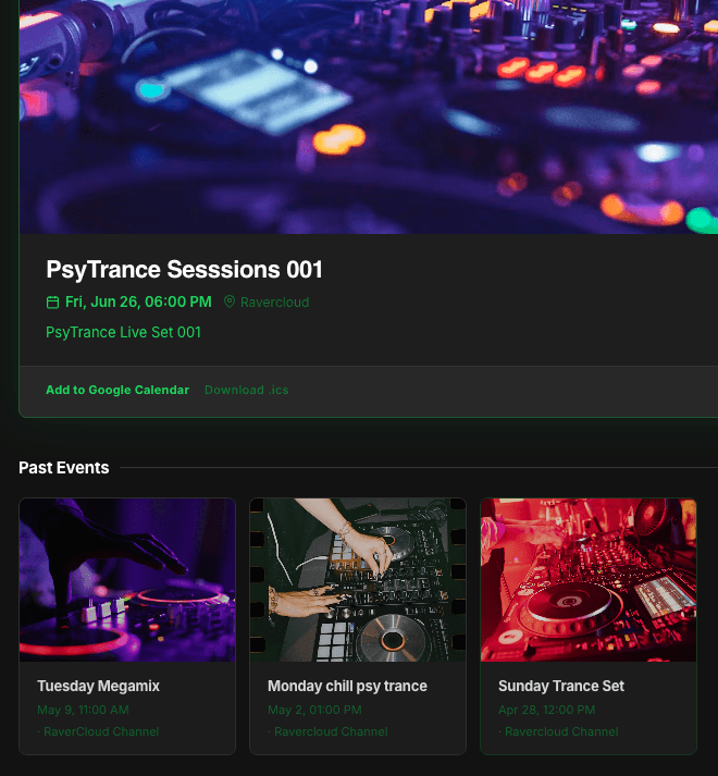 PsyTrance Sessions event promo with upcoming and past events
